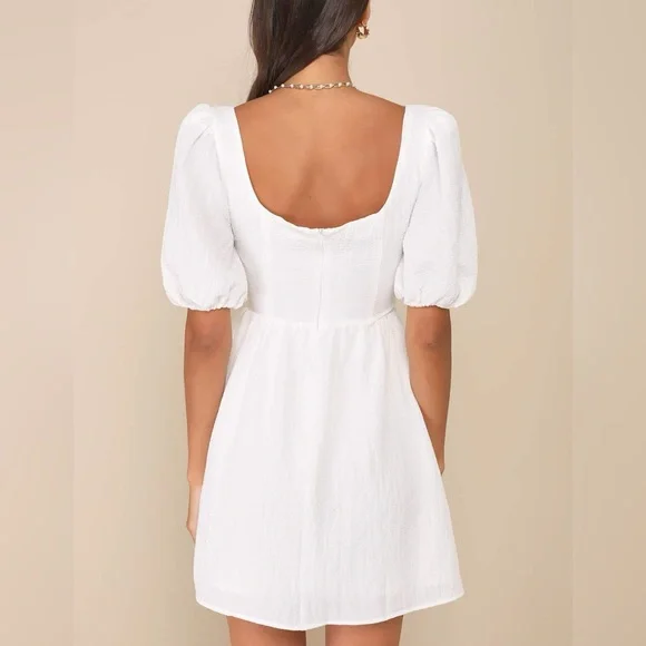 Lulus NWT Little Bit In Love White Surplice Puff Sleeve Mini Dress - Picture 2 of 7